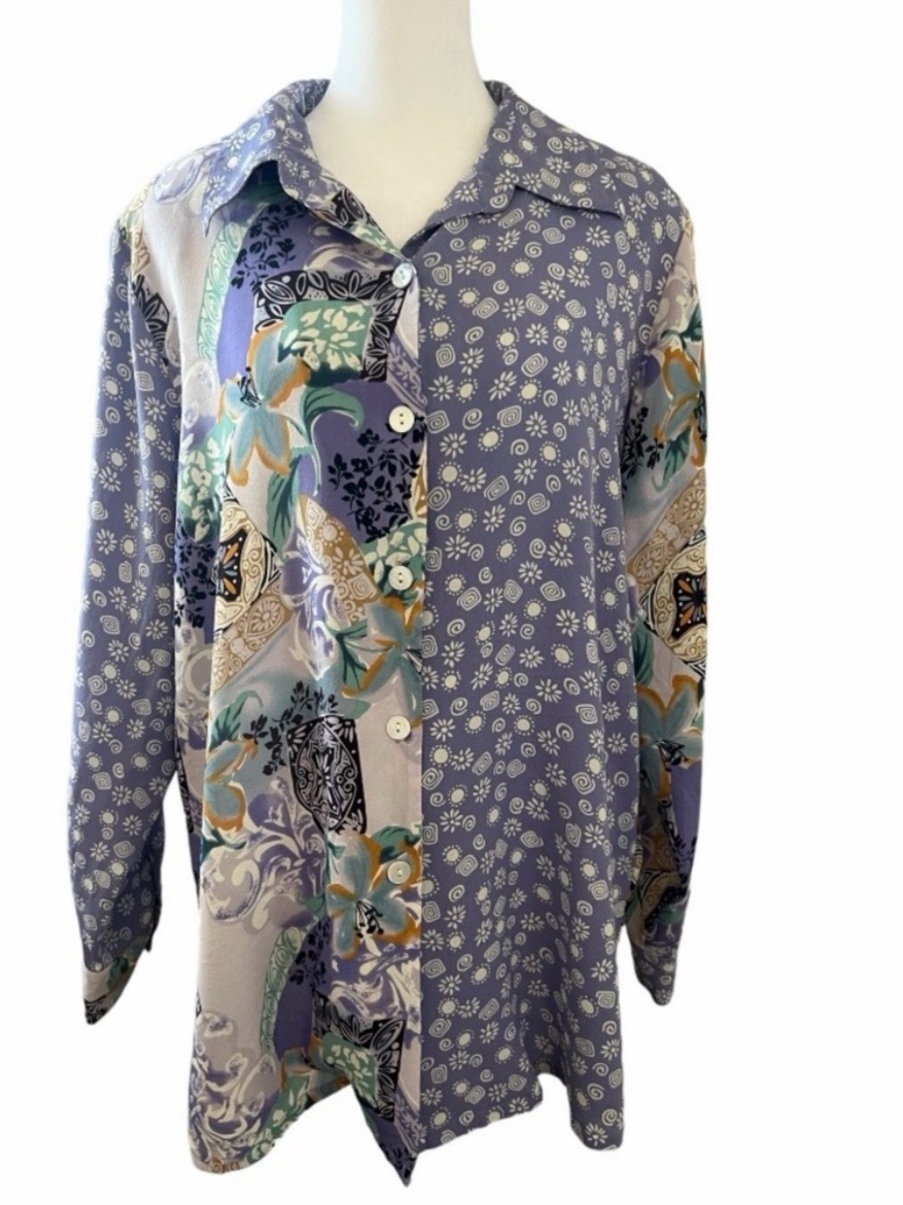 KOOS Of Course Plus Size 1X 100% Silk Women Pearl Button Blouse Floral Purple